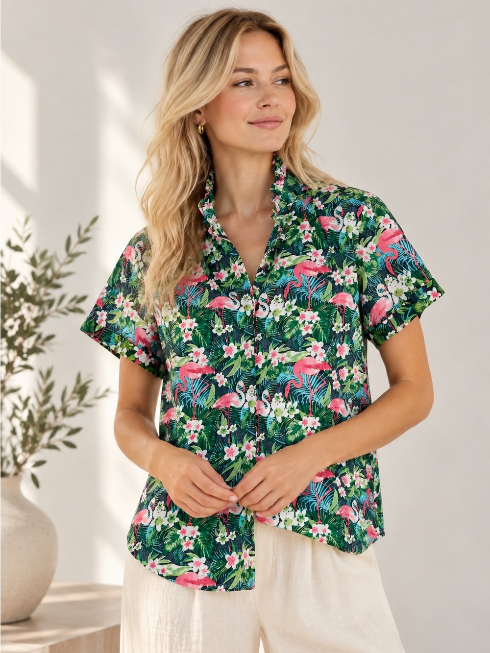 NWT KMJ Sz Small Upcycled Cotton Flamingo Tropical Floral Ruffle Top